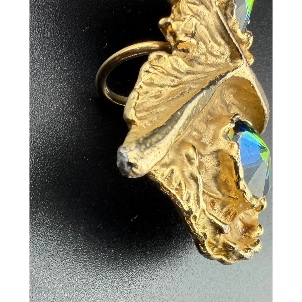 Vintage Owl‎ Face Pendant Gold Tone Aurora Borealis Rhinestone Eyes Craft READ